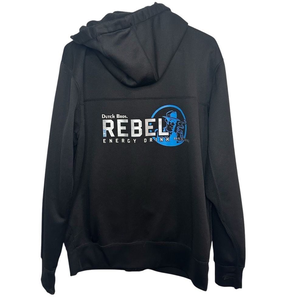 Dutch Bros MEDIUM Blue Rebel Energy Drink Zip Up Polyester Hooded Jacket RARE DB